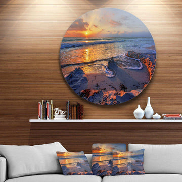Beautiful Seashore with Yellow Sun - Sea & Shore Metal Circle Wall Art